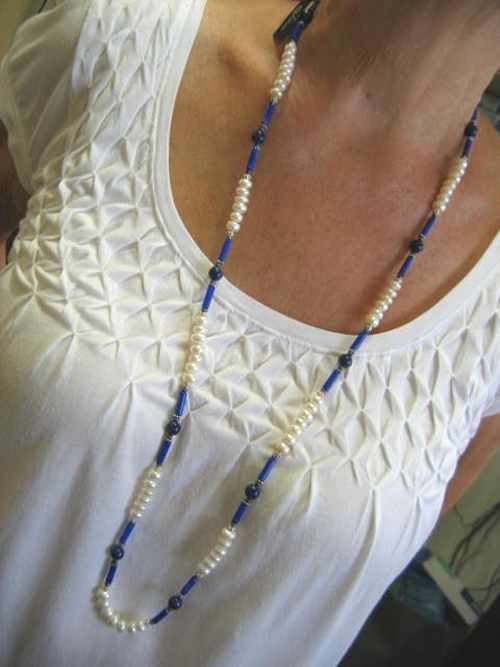 Lapis and Pearl Long Necklace